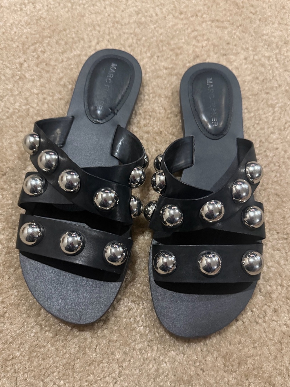 Marc Fisher Black Slide Sandals with Silver Studs
